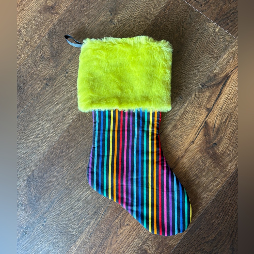NWOT Rainbow Stripe with Green Fur Cuff Christmas Stocking